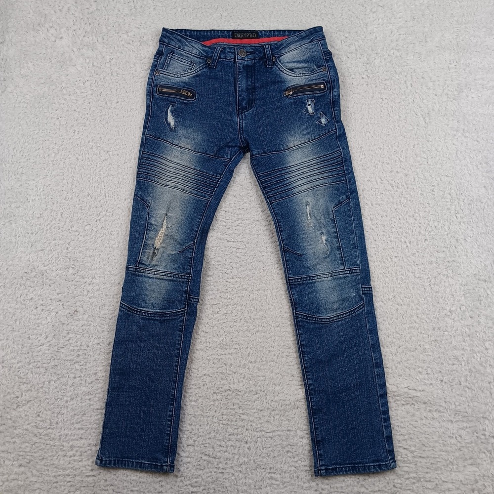 Encrypted Moto Jeans Boy 14 Blue Distressed Ribbed Biker E821554-DW-F79